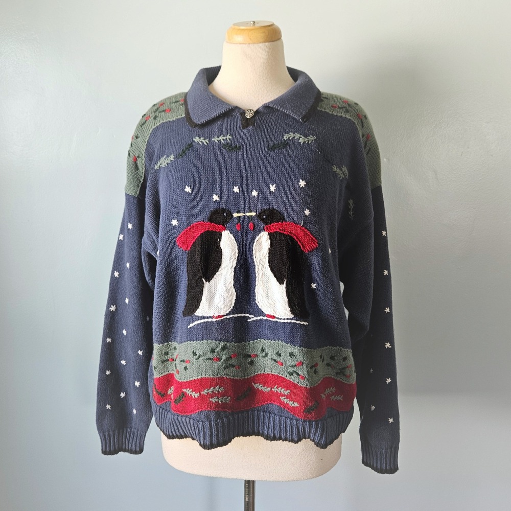 Christopher & Banks Vtg 2000 Penguin Embroidered Sweater Blue XL Winter Knit